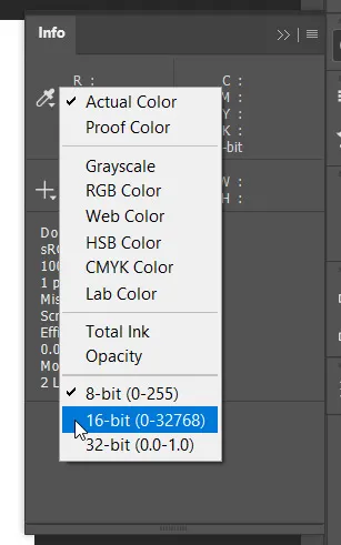 Bit Depth 12 info panel in photoshop showing 8 bit number of colors, 16 bit number of colors and 32 bit