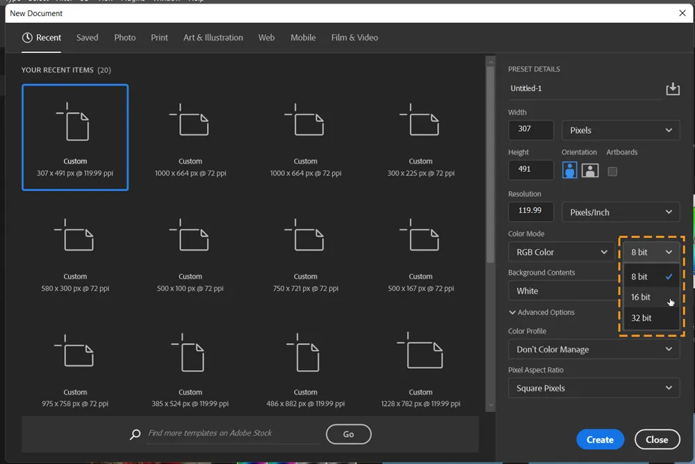 Bit Depth 14 bit in new document dialog box in photoshop