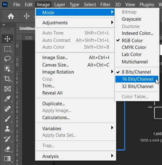 Bit Depth 15 16 bits/channel under mode in image menu in photoshop