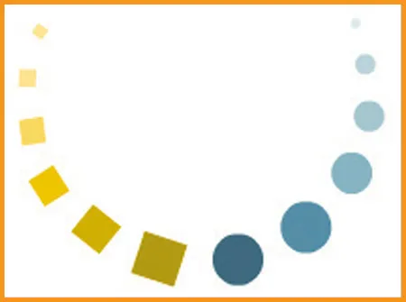 Principles of Design 3 example of approximate symmetry using shapes of square and circle in different sizes and color