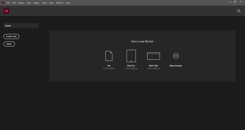Create a Document in InDesign 1 home screen in InDesign