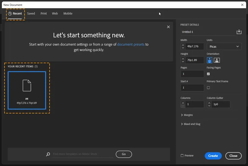 Create a Document in InDesign 12 recent tab showing A4 as template recently used in New Document dialog box in InDesign