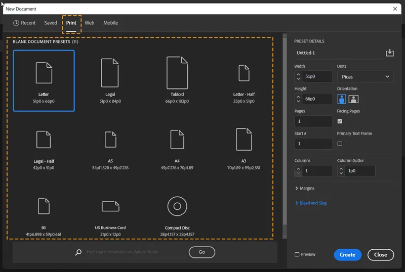 Create a Document in InDesign 13 print tab opened in new document dialog box in InDesign