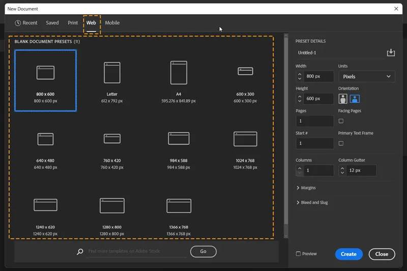 Create a Document in InDesign 14 web tab opened in new document dialog box in InDesign