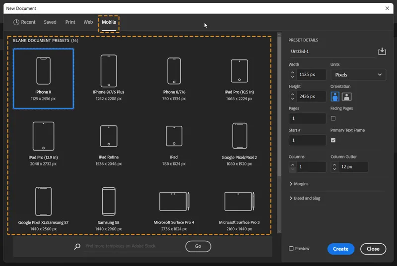 Create a Document in InDesign 15 mobile tab opened in new document dialog box in InDesign
