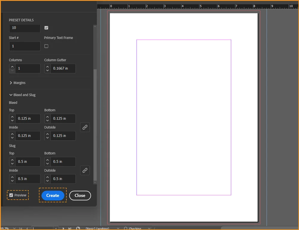 Create a Document in InDesign 44 Preview checkbox and Create button in the new document dialog box in InDesign