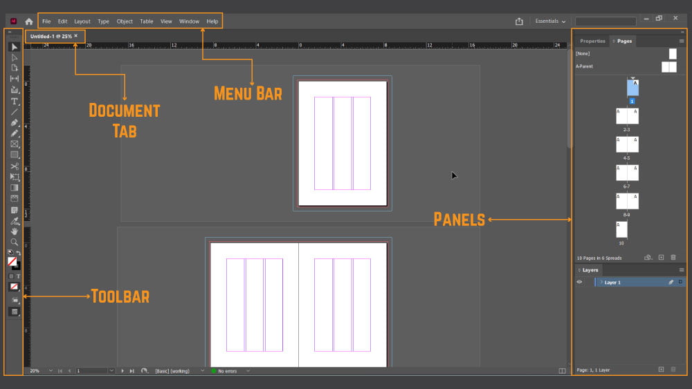 Interface after creating a document in InDesign