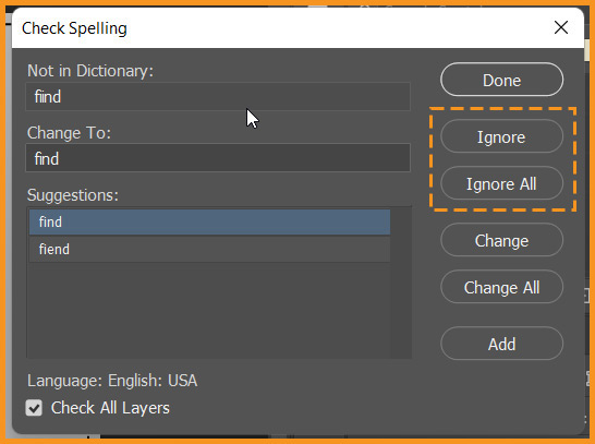 Ignore and Ignore All button in Check Spelling dialog box in photoshop