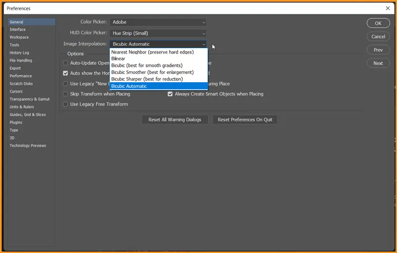 How to enlarge an image in Photoshop 2 Preferences dialog box with Image Interpolation options