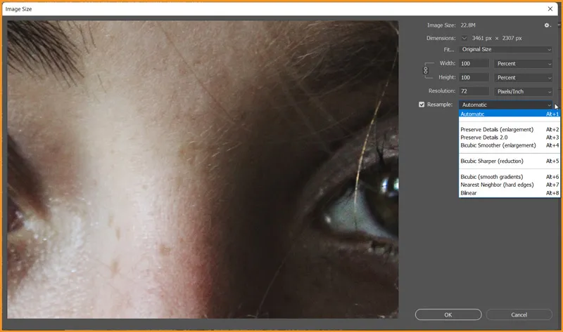 How to enlarge an image in Photoshop 4 Image size dialog box showing Resample options