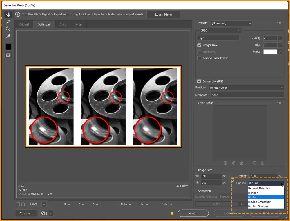How to enlarge an image in Photoshop 3 image interpolation in save for web dialog box