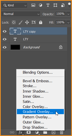 gradient overlay option in layer style panel