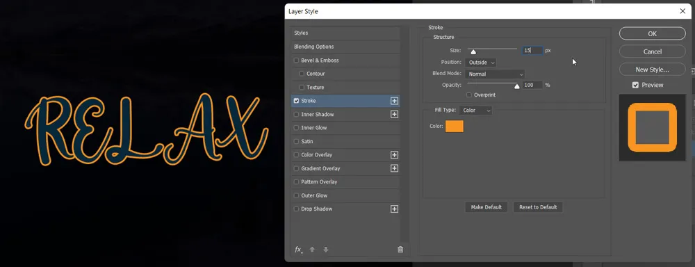 Stroke in Photoshop 9 Layer Style Stroke dialog box in photoshop
