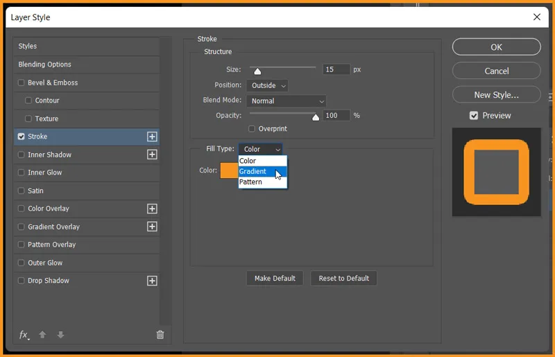 Stroke in Photoshop 11 Fill type in Layer Styles Stroke dialog box
