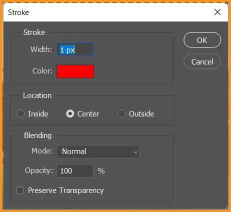 Stroke in Photoshop 5 Stroke dialog box in photoshop
