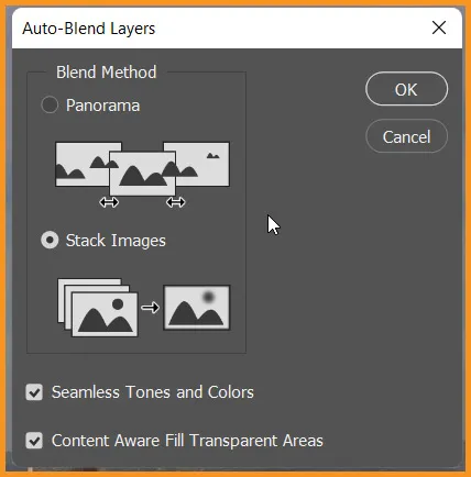 Auto Blend Layers in Photoshop 9 Auto-Blend Layers dialog box