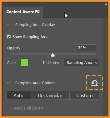Content Aware Fill in Photoshop 8 Reset Sampling Area icon in Content-Aware Fill Panel