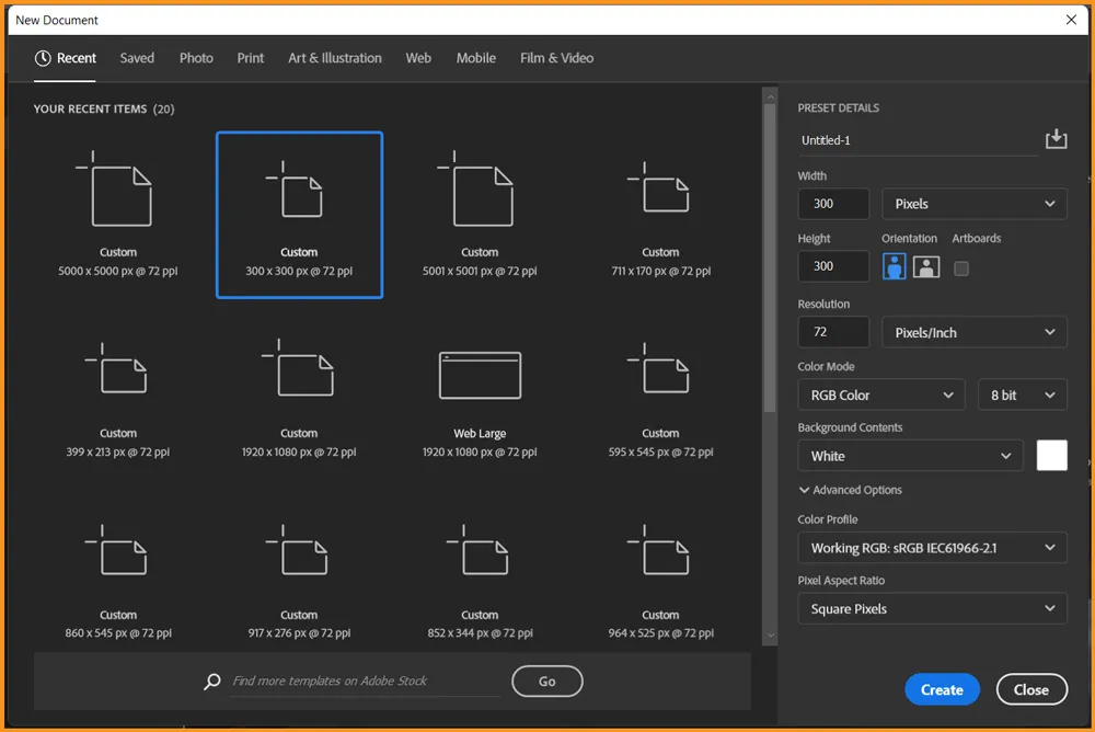 Define Brush Preset in Photoshop 4 New Document dialog box in Photoshop
