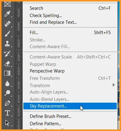 Sky Replacement in Photoshop 2 Sky Replacement under Edit menu in photoshop
