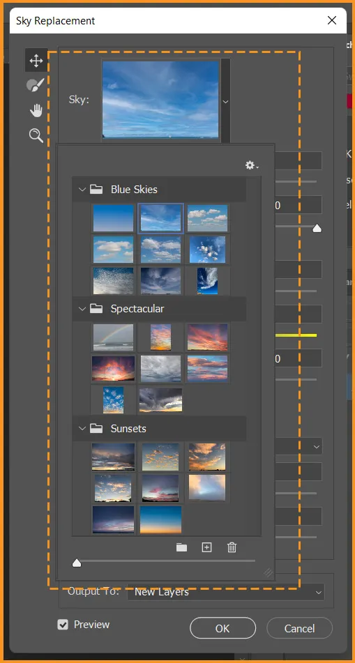 Sky Replacement in Photoshop 5 Sky option in Sky Replacement dialog box