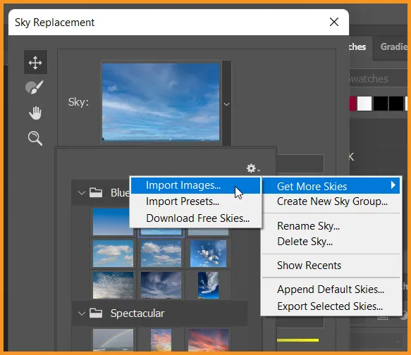 Sky Replacement in Photoshop 7 Import images option in Sky Replacement dialog box
