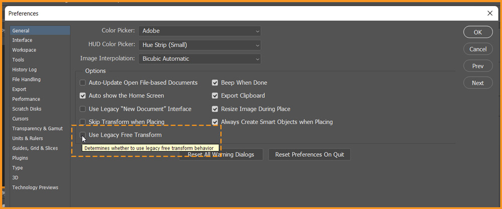 Use Legacy Free Transform option in Photoshop Preferences
