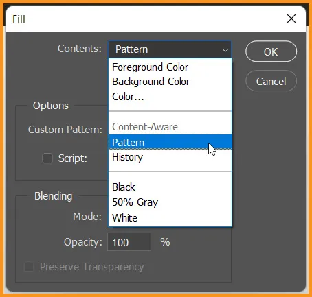 Define Pattern in Photoshop 5 Fill command dialog box in photoshop