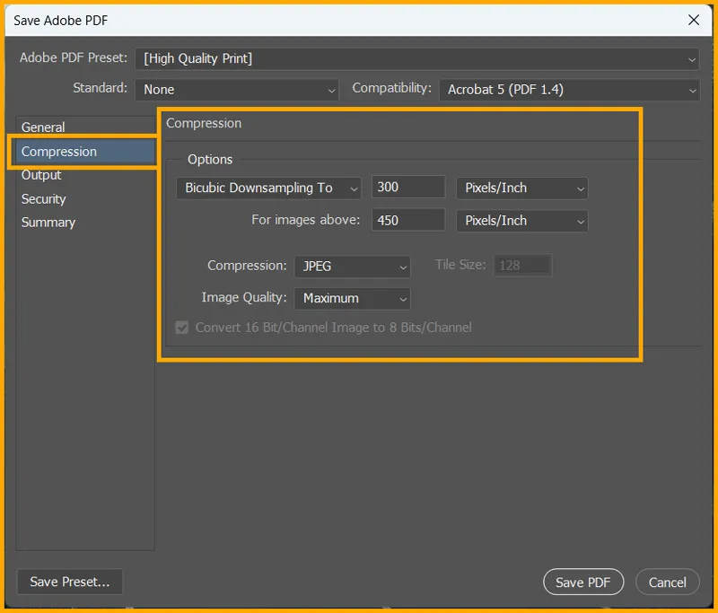 Adobe PDF Presets in Photoshop 9 Compression options in Save Adobe PDF dialog box