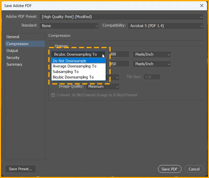 Adobe PDF Presets in Photoshop 10 Downsampling options in Save Adobe PDF dialog box