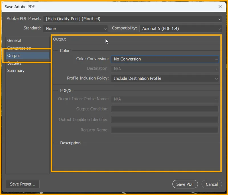 Adobe PDF Presets in Photoshop 13 Output option in Save Adobe PDF dialog box