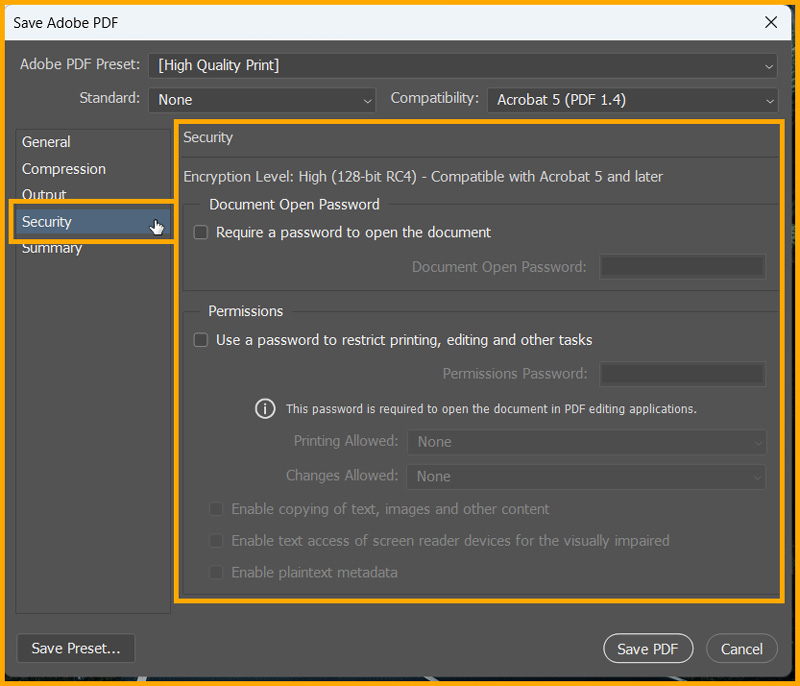 Security options in Save Adobe PDF dialog box