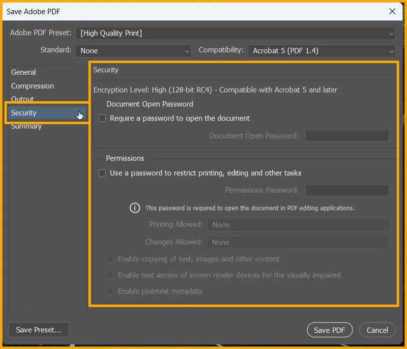 Adobe PDF Presets in Photoshop 14 Security options in Save Adobe PDF dialog box