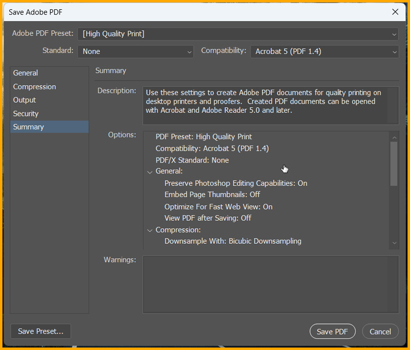 Summary option in Save Adobe PDF dialog box