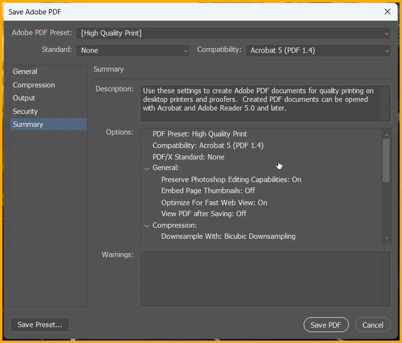 Adobe PDF Presets in Photoshop 15 Summary option in Save Adobe PDF dialog box