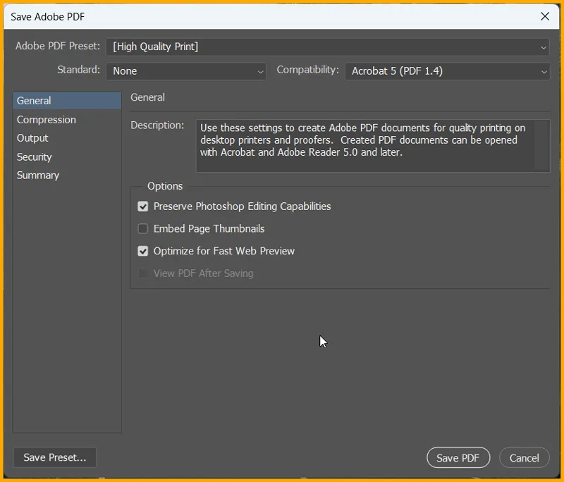 Adobe PDF Presets in Photoshop 7 Save Adobe PDF dialog box