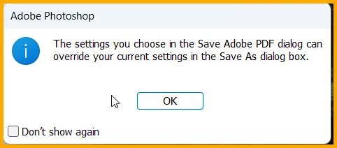 Adobe PDF Presets in Photoshop 6 Warning dialog box