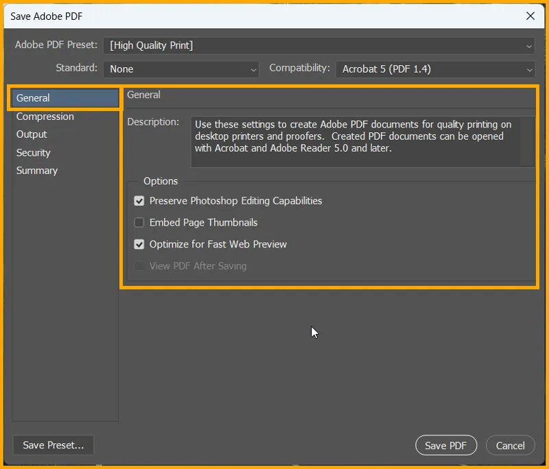 Adobe PDF Presets in Photoshop 8 General tab in Save Adobe PDF dialog box