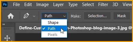 Define Custom Shape in Photoshop 4 Pen Tool's Path option in Option bar in Photoshop