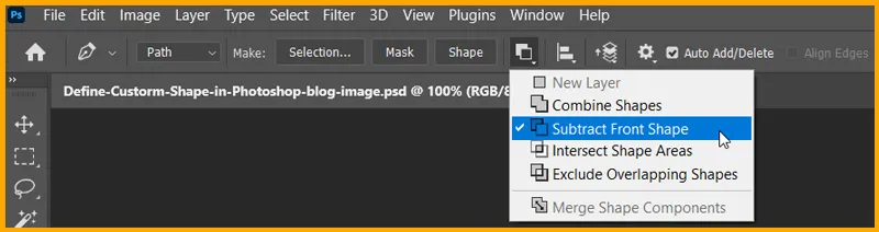 Define Custom Shape in Photoshop 6 Subtract Front Shape option in Pen Tool in Photoshop