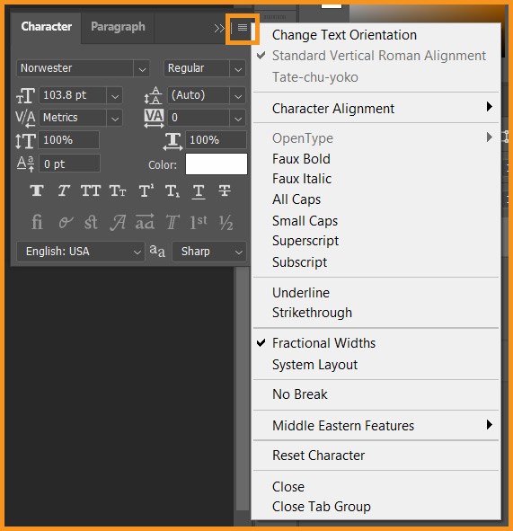 panel menu open in character panel in photoshop
