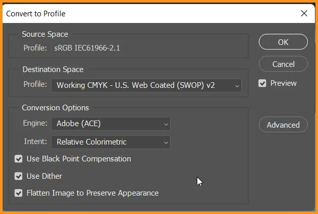 Convert to Profile in Photoshop 2 Convert to Profile dialog box
