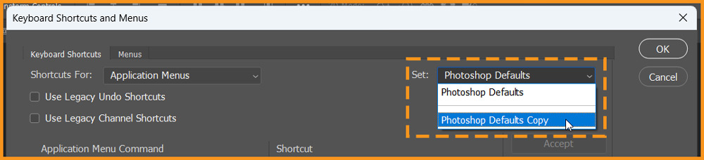 Set menu in Keyboard Shortcuts & menus dialog box