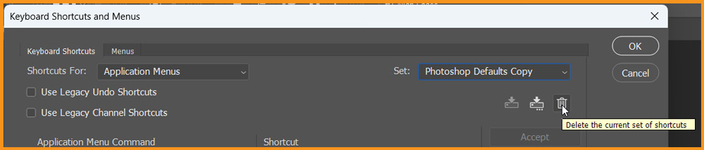 Delete the current set of shortcuts