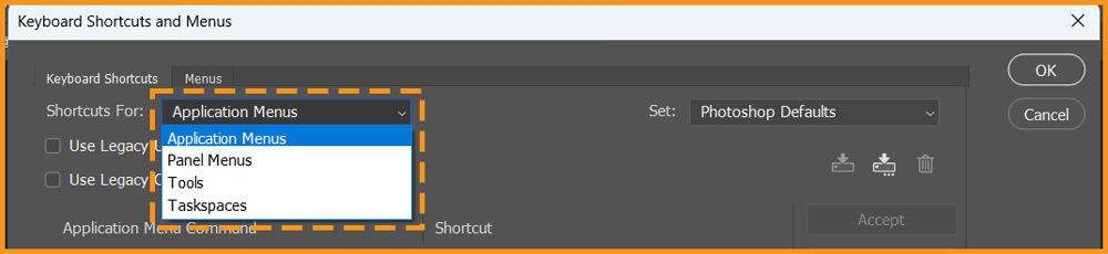 Shortcuts For menu in Keyboard Shortcuts & Menus dialog box