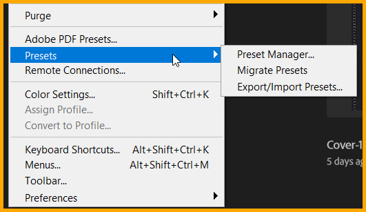 Presets command under edit menu in photoshop