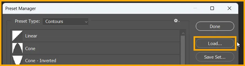Presets in Photoshop 10 Load preset option in Preset Manager dialog box
