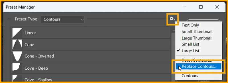 Presets in Photoshop 12 Replace Contours options in preset manager in photoshop