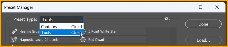 Presets in Photoshop 5 Preset Type menu in Preset Manager dialog box