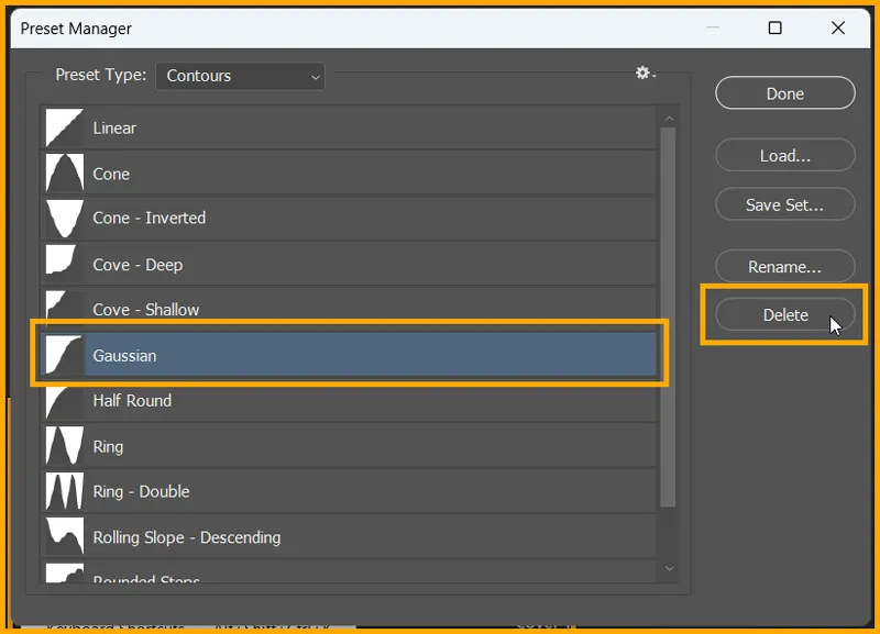 Presets in Photoshop 7 Delete preset option in Preset manager dialog box