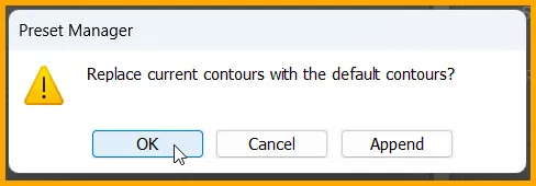 Presets in Photoshop 9 Replace current contours with default contours warning box